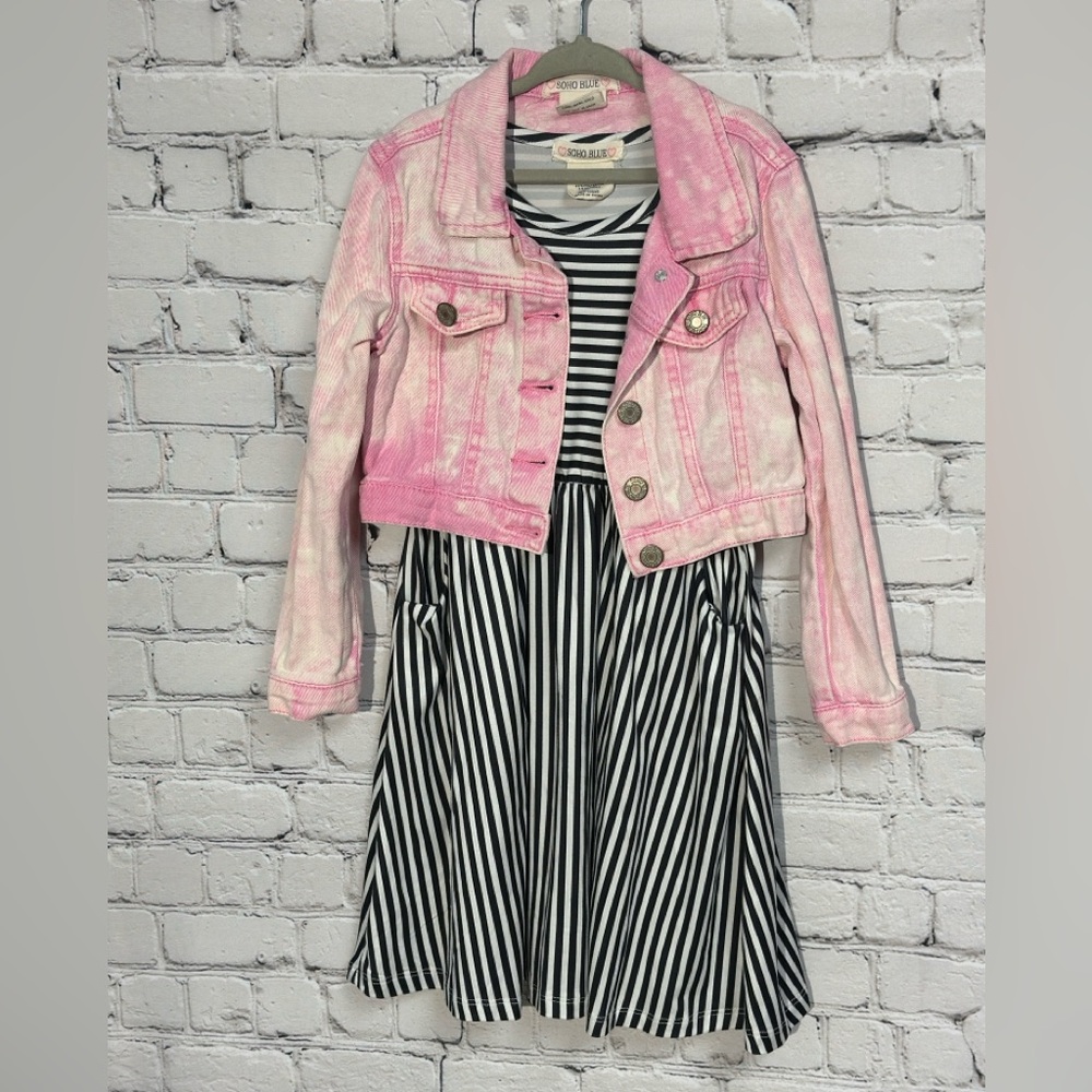 Chic Pink Jean Jacket With Dress Set for Kids